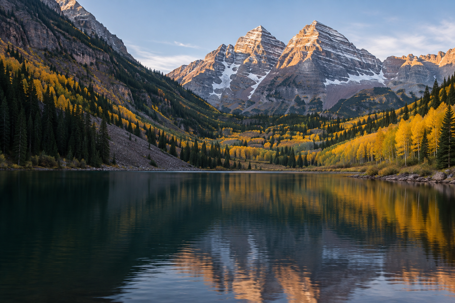 Generated illustration of the Maroon Bells near Aspen, with golden autumn trees reflected in an alpine lake